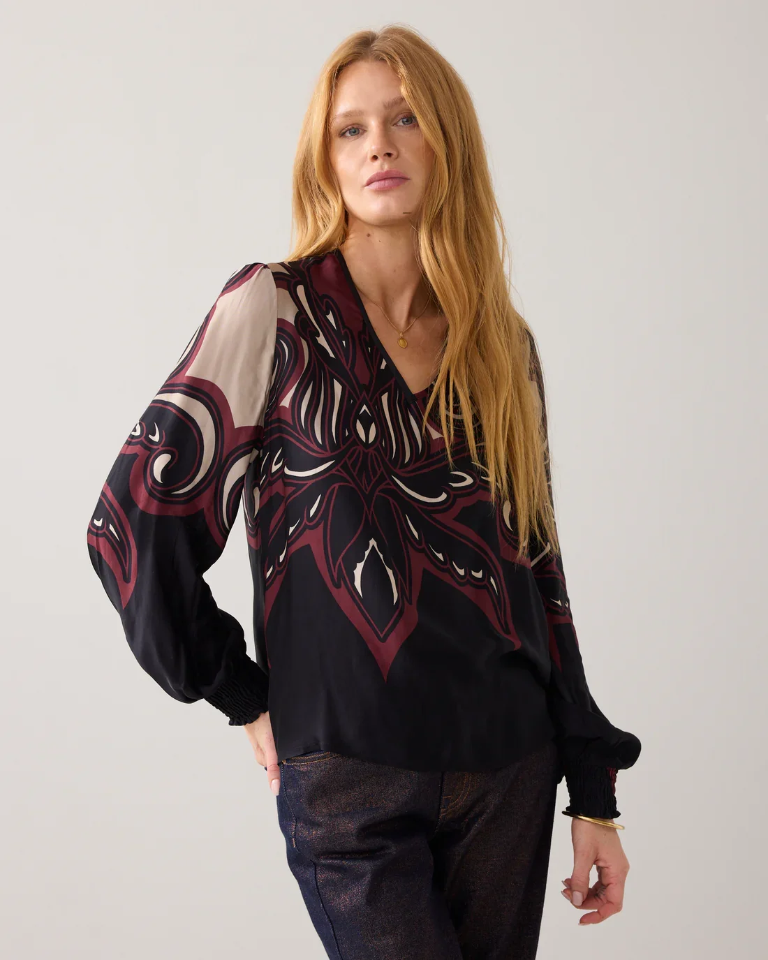 Bluse Satin Ornament Print 