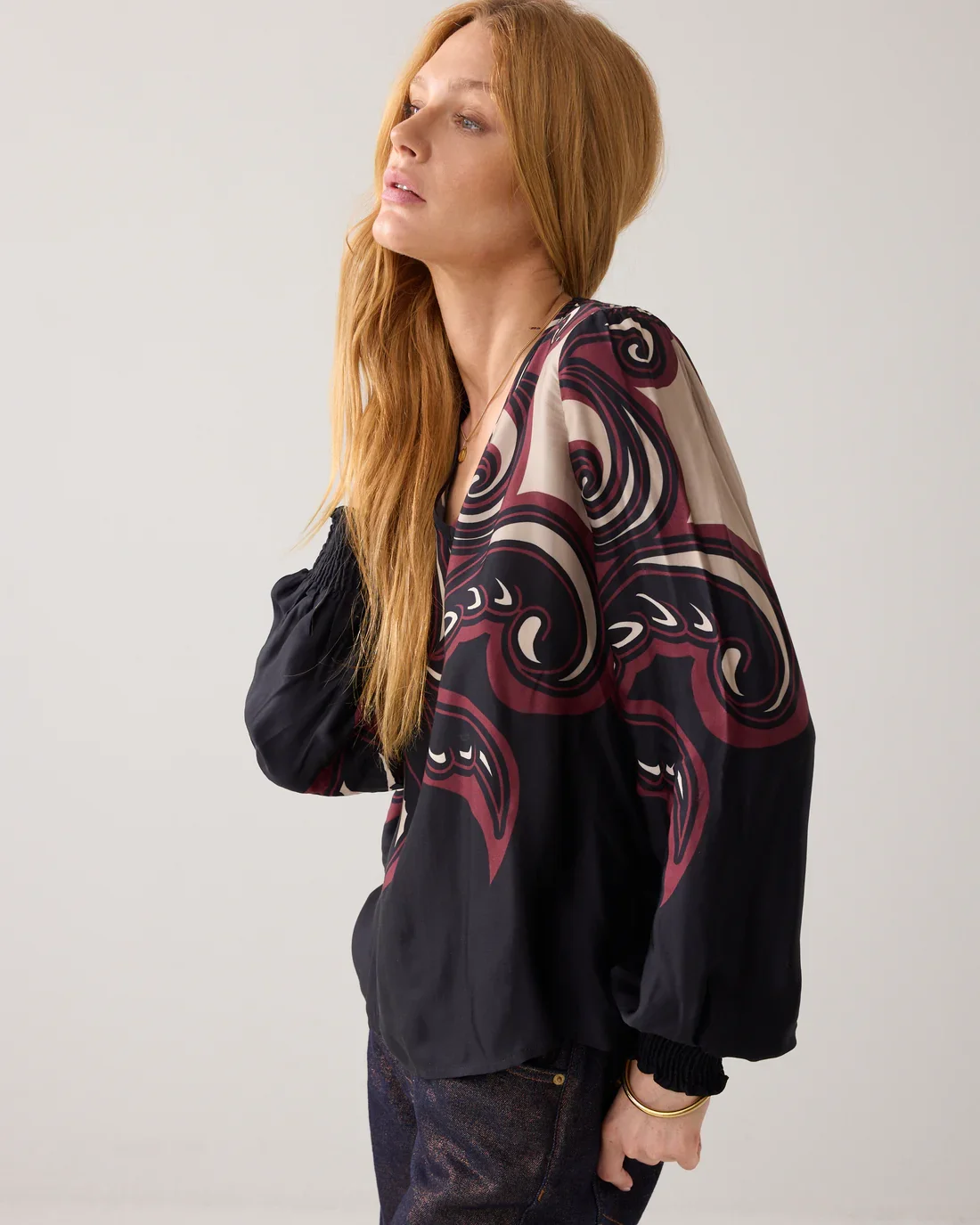 Bluse Satin Ornament Print 