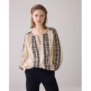 Bluse med broderi og elastik i rmet