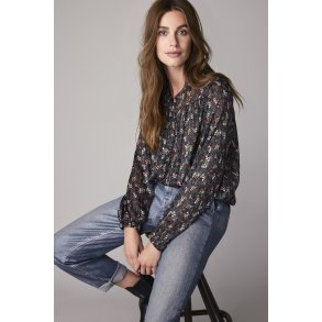 Bluse sort med blomsterprint